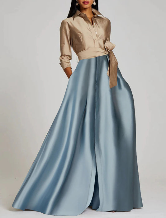 A-Line Evening Gown Elegant Dress Formal Floor Length 3/4 Length Sleeve Shirt Collar Satin with Slit Strappy