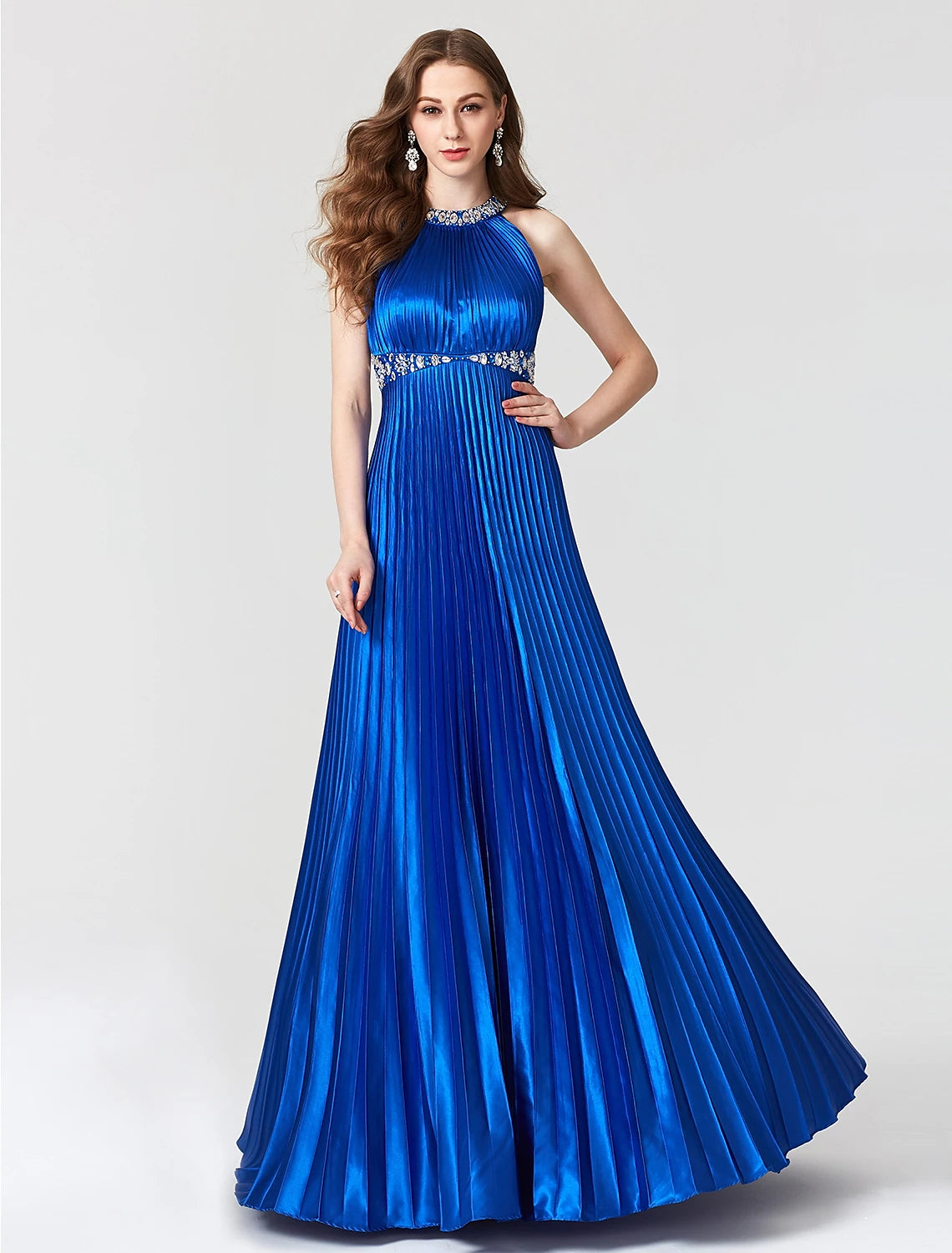 A-Line Beautiful Back Dress Holiday Cocktail Party Floor Length Sleeveless Jewel Neck Satin with Pleats Beading