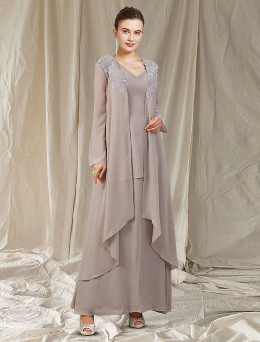 Two Piece A-Line Mother of the Bride Dress Plus Size Elegant V Neck Floor Length Chiffon Long Sleeve Jacket Dresses with Appliques