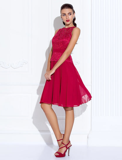 A-Line / Fit & Flare Illusion Neck Knee Length Chiffon / Lace Cocktail Party Dress with Lace / Pleats