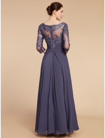 A-Line Mother of the Bride Dress Wedding Guest Elegant Scoop Neck Floor Length Chiffon Lace 3/4 Length Sleeve with Ruching Solid Color