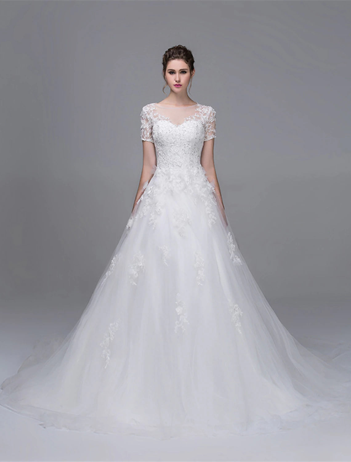 Wedding Dresses A-Line Illusion Neck Short Sleeve Cathedral Train Tulle Bridal Gowns With Pearl Beading