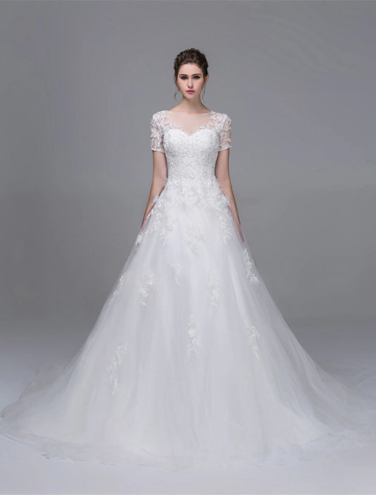 Wedding Dresses A-Line Illusion Neck Short Sleeve Cathedral Train Tulle Bridal Gowns With Pearl Beading