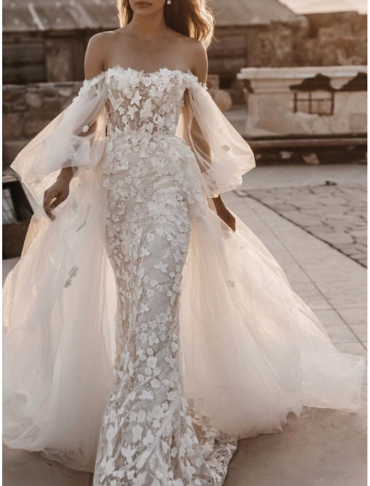 Hall Formal Wedding Dresses A-Line Sweetheart Long Sleeve Court Train Lace Bridal Gowns With Pleats Appliques