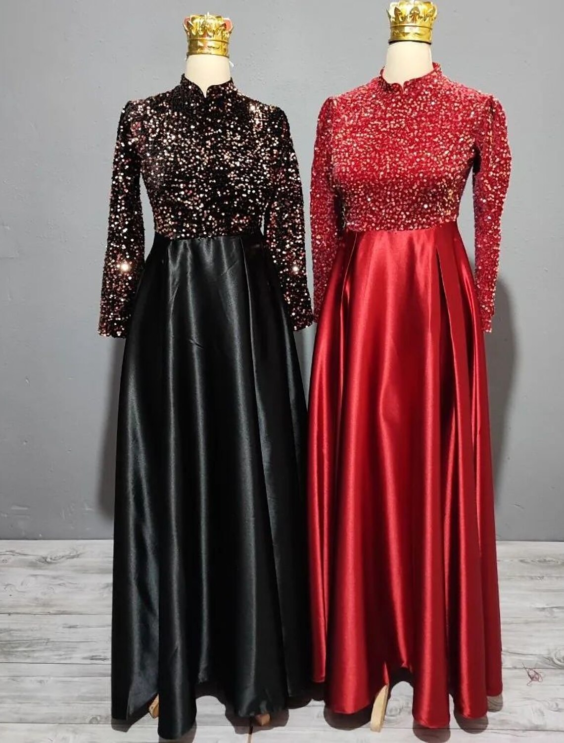 A-Line Evening Gown Sparkle Christmas Red Green Dress Wedding Guest Fall Floor Length Long Sleeve High Neck Satin with Sequin
