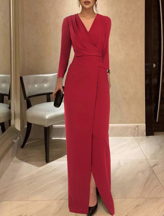 Sheath / Column Evening Gown Elegant Dress Formal Floor Length Long Sleeve V Neck Stretch Fabric with Ruched