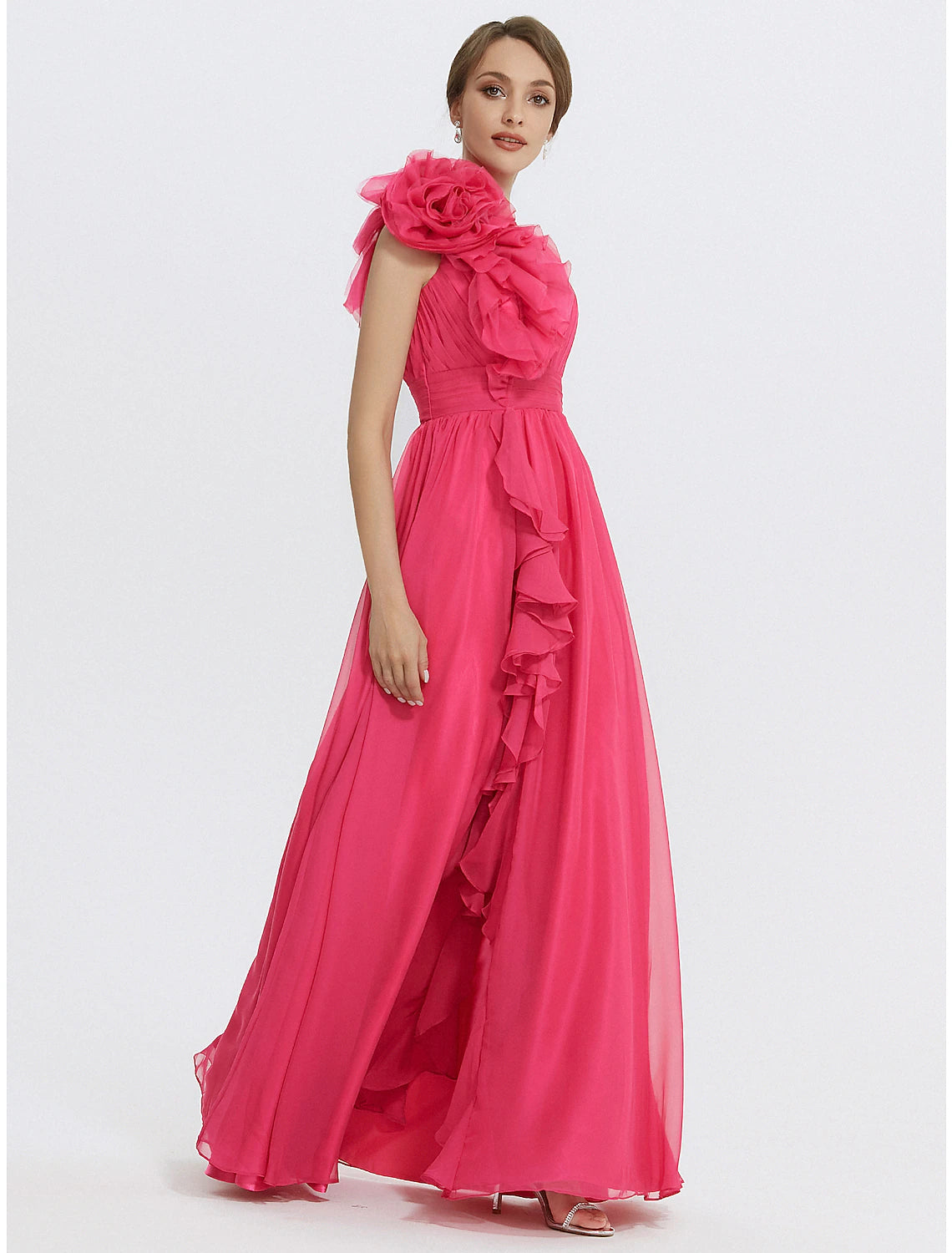 A-Line Evening Gown Floral Dress Formal Wedding Guest Floor Length Sleeveless V Neck Chiffon with Ruched Appliques