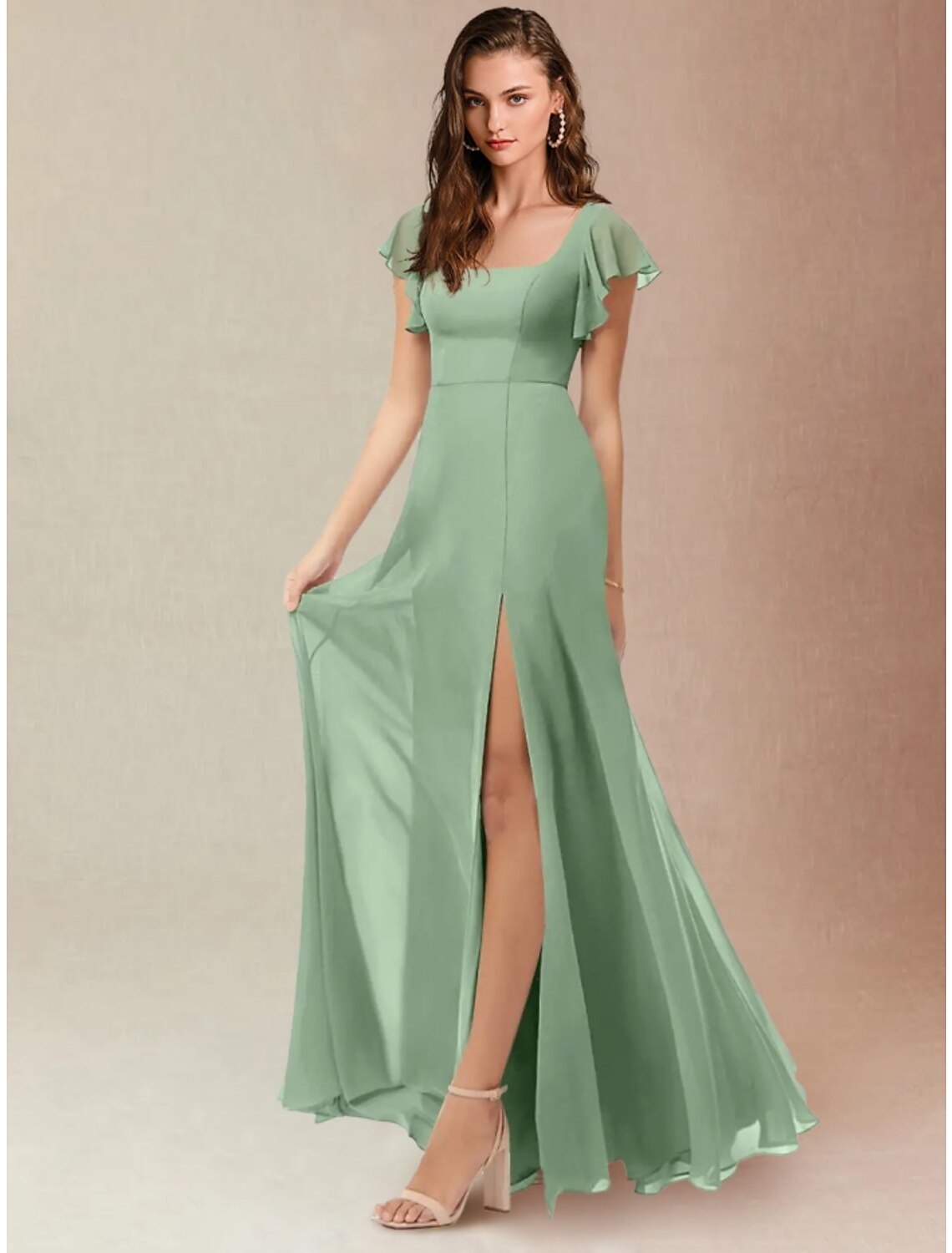 A-Line Bridesmaid Dress Square Neck Short Sleeve Elegant Floor Length Chiffon with Split Front / Ruching