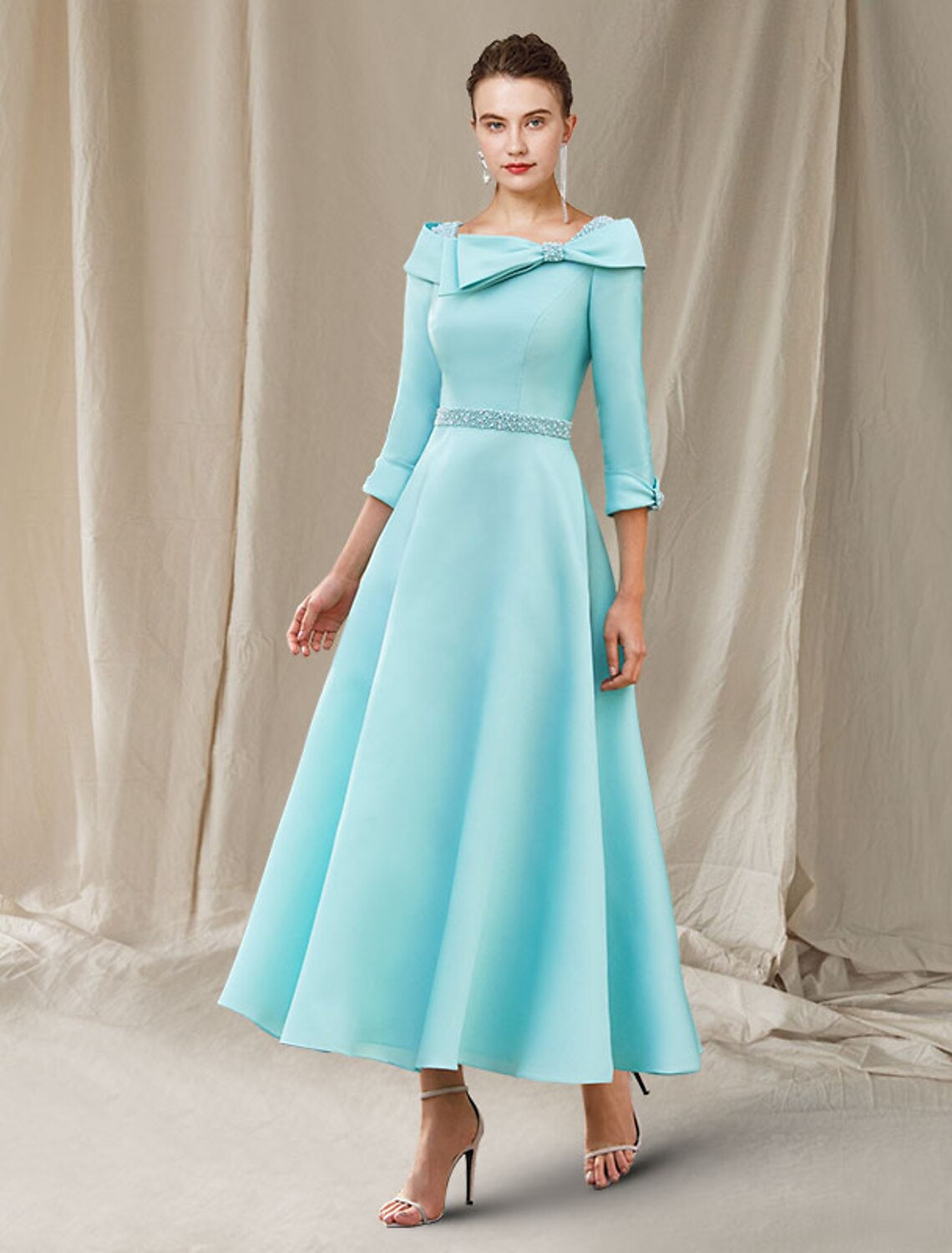 A-Line Mother of the Bride Dress Wedding Guest Luxurious Elegant Bateau Neck Ankle Length Satin 3/4 Length Sleeve with Sash / Ribbon Bow(s) Beading