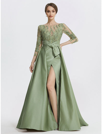 A-Line Evening Gown Elegant Dress Formal Floor Length 3/4 Length Sleeve Jewel Neck Satin with Slit Embroidery Appliques