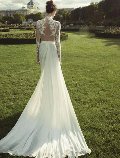 Beach Wedding Dresses A-Line High Neck Long Sleeve Court Train Chiffon Bridal Gowns With