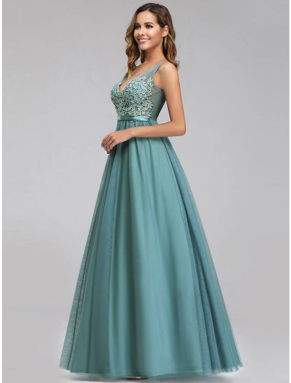 A-Line Empire Holiday Prom Dress V Neck V Back Sleeveless Floor Length Chiffon with Appliques