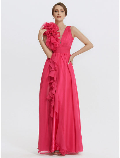 A-Line Evening Gown Floral Dress Formal Wedding Guest Floor Length Sleeveless V Neck Chiffon with Ruched Appliques