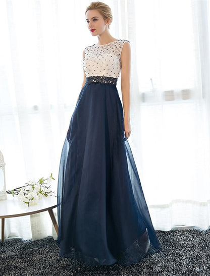 A-Line Beautiful Back Elegant Beaded & Sequin Prom Formal Evening Dress Illusion Neck Sleeveless Floor Length Tulle Over Lace with Beading