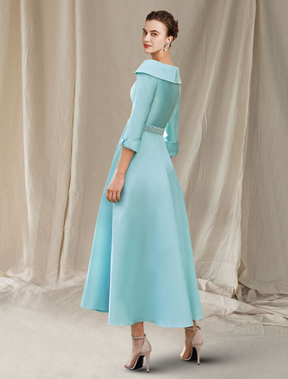 A-Line Mother of the Bride Dress Wedding Guest Luxurious Elegant Bateau Neck Ankle Length Satin 3/4 Length Sleeve with Sash / Ribbon Bow(s) Beading