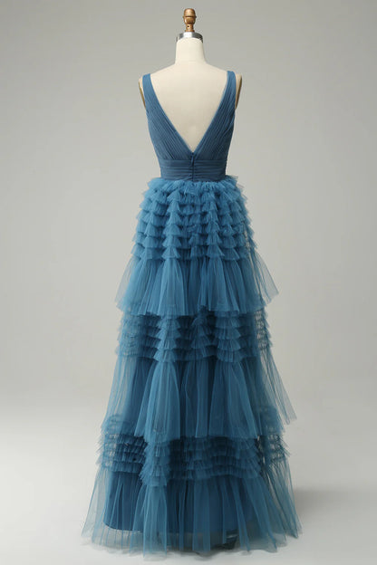 A Line V-Neck Blue Long Prom Dress Tulle With Open Back