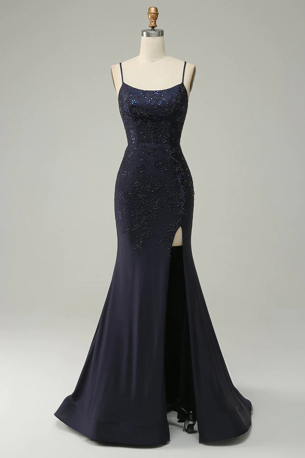 Navy Strapless Sweetheart Beaded Prom Dress with Split