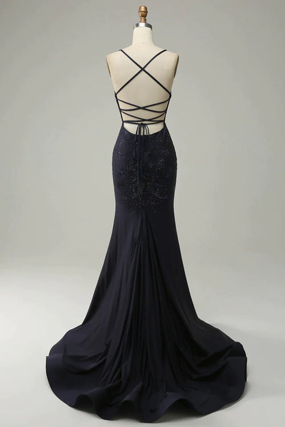 Navy Mermaid Spaghetti Straps Beaded Prom Dress with Split