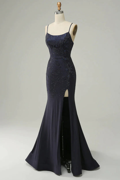 Navy Mermaid Spaghetti Straps Beaded Prom Dress with Split