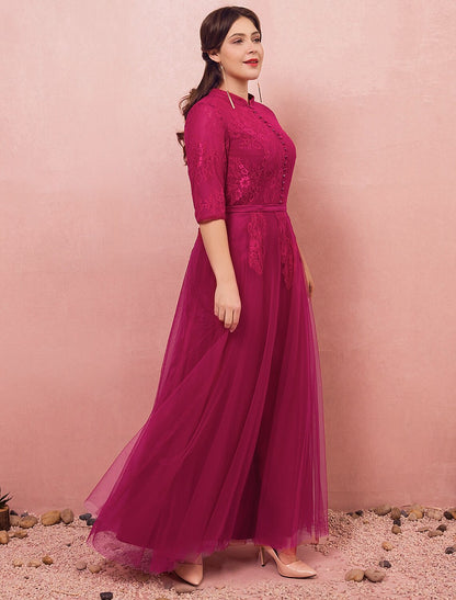 A-Line Chinese Style Plus Size Engagement Formal Evening Dress High Neck Half Sleeve Floor Length Lace with Buttons