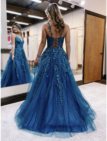 Ball Gown A-Line Prom Dresses Sparkle & Shine Dress Formal Wedding Party Dress Floor Length Sleeveless V Neck Tulle Backless with Glitter Appliques