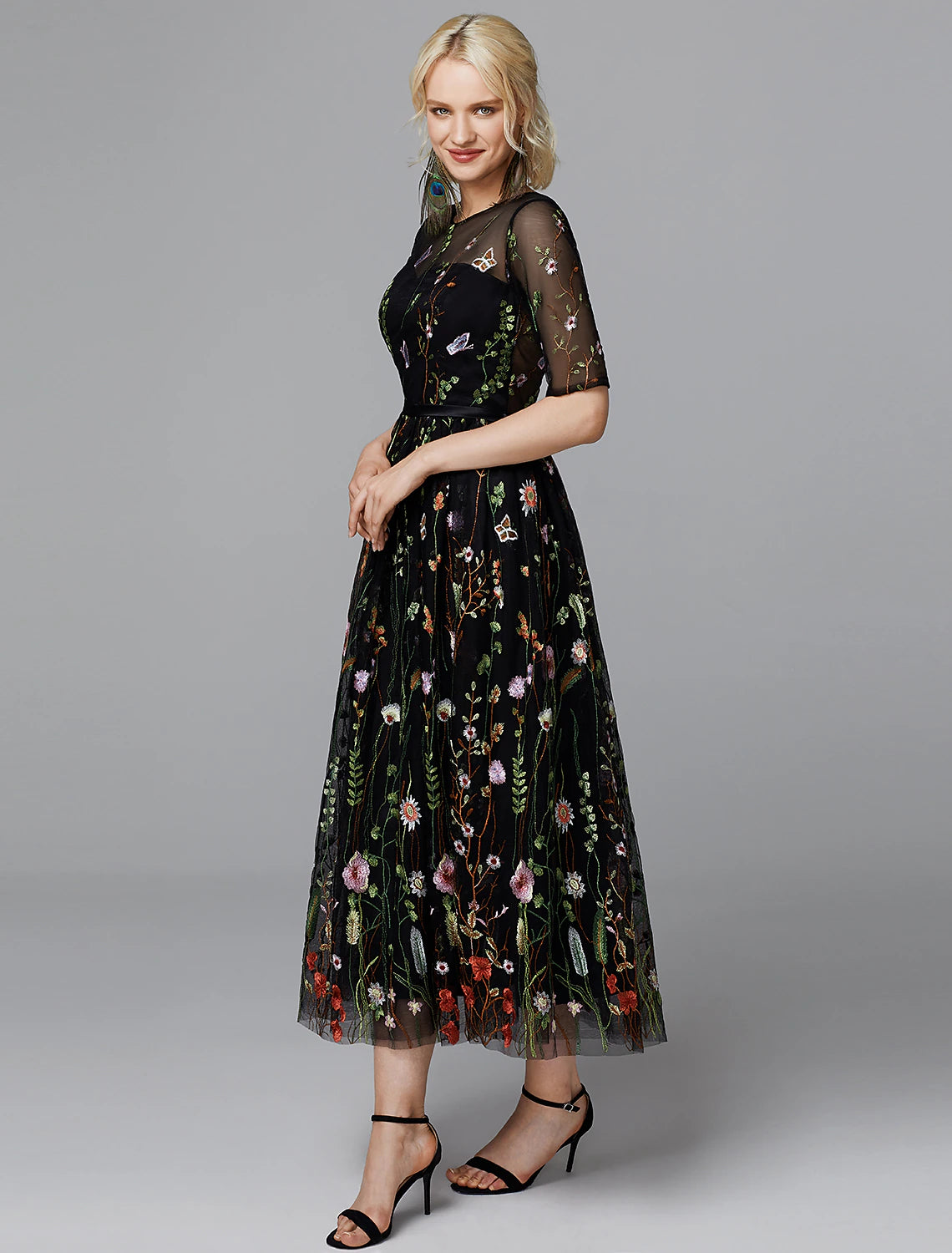 A-Line Floral Dress Valentine's Day Wedding Guest Tea Length Half Sleeve Illusion Neck Lace with Embroidery Appliques