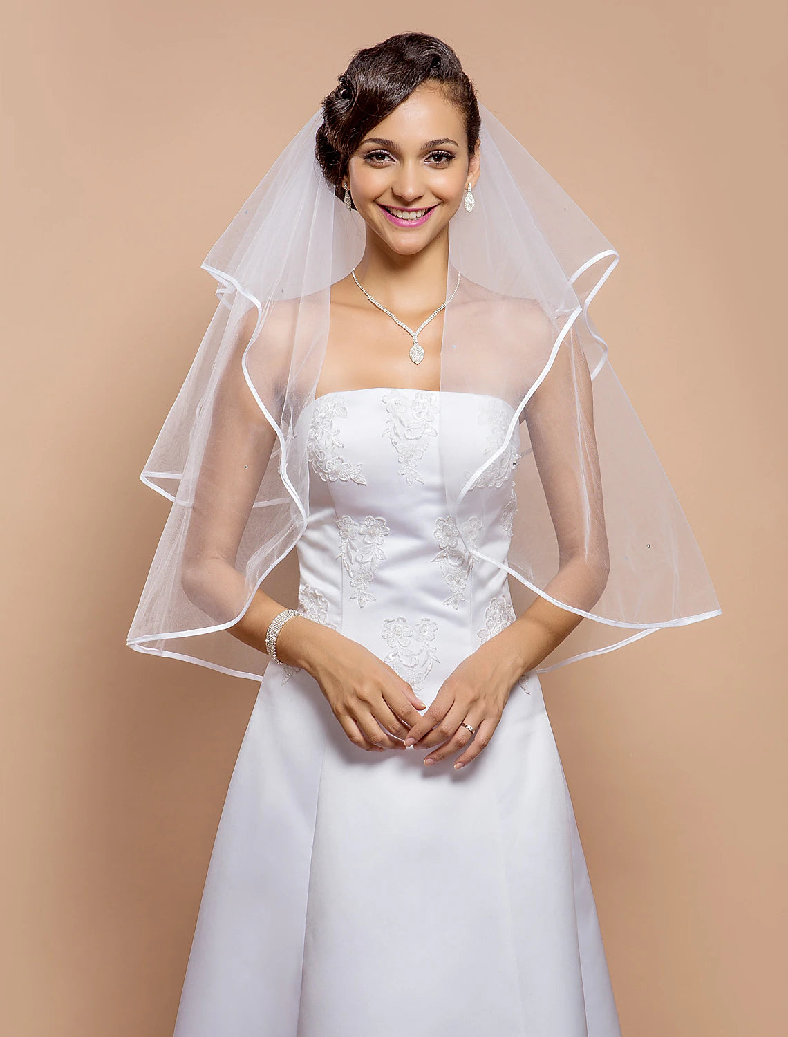 Two-tier Ribbon Edge Wedding Veil Elbow Veils with Rhinestone 31.5 in (80cm)